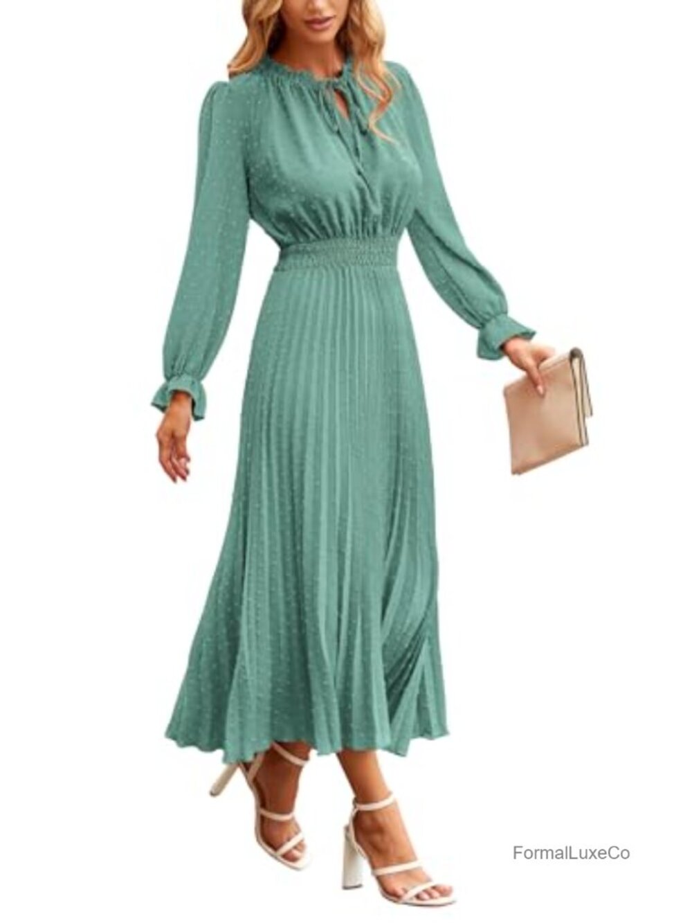 Swiss Dot Midi Dress Tie V Neck Puff Sleeve A-Line Wedding Guest